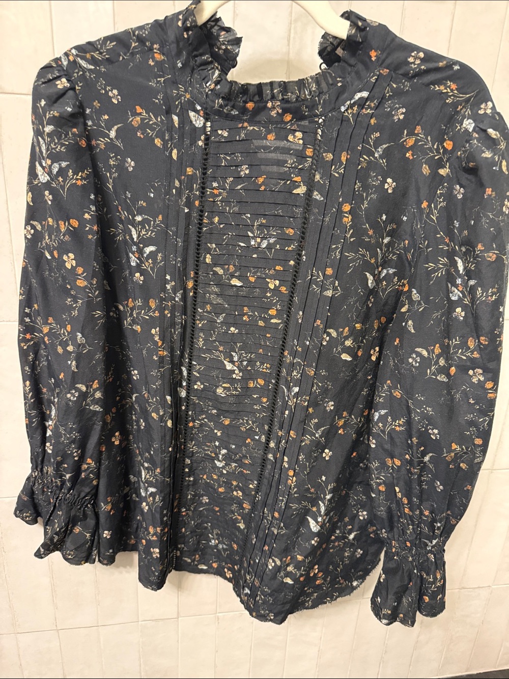 Dark Floral Pintuck Ruffle Blouse - Navy with Rust & Cream Flowers